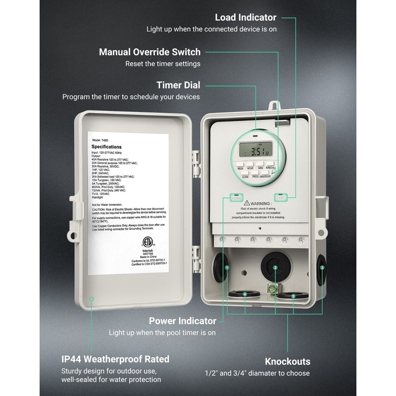 DEWENWILS Digital Pool Timer Box 7-Day 20 ON/Off Programmable Timer