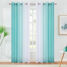 Chiffon Sheer Ombre Curtains for Living Room, Grommet Special Crinkle Gradient Teal Semi Sheer Window Treatments Privacy with Light for Bedroom Kids Room, All Season, 52"x63"x2