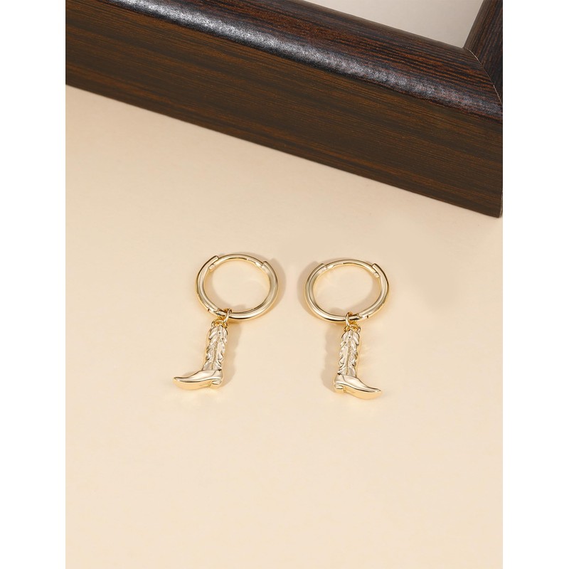 Mameloly Cowboy Boot Earrings Dangle 14K Gold Plated Cowgirl Hoop