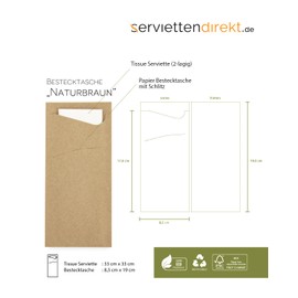 PRIME GUEST Recycled Cutlery Bag 85 x 190 mm Cutlery Bags with Napkins in White, 2-Layer Napkin Ideal for Catering and Celebrations (Natural Brown, Pack of 100)