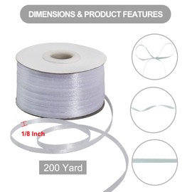 3mm x 200m White Thin Solid Satin Ribbon Double Sided Woven Ribbons for Crafts Hanging Labels Invitation Cards Balloons Bouquet Hair Gift Wrapping Party Decoration