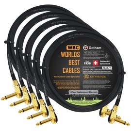 WORLDS BEST CABLES 5 Units - 2 Foot - Gotham GAC-1 Ultra Pro - Low-Cap (21pF/ft) Guitar Bass Effects Instrument, Patch Cable & Gold (6.35mm) Low-Profile R/A Pancake Type Connectors - Custom Made