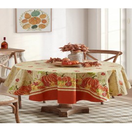 Newbridge Paisley Pumpkin Shabby Chic Print Fall Thanksgiving Vinyl Flannel Backed Tablecloth, Pumpkin Autumn Leaf Border Easy Care Vinyl Tablecloth with Flannel Backing, 60” x 84” Oval