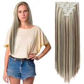 Girl Hair Accessories Clip in - Hair Extensions 7Pcs 16 Clips Straight Synthetic Hairpieces Dark Brown Mix Ash Blonde 3126