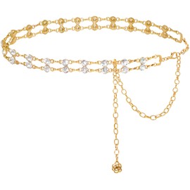 Liutufy Women's Double Row Crystal Belt Chain - Adjustable Metal Rhinestone Body Links with Loose Dresses (Gold XL)