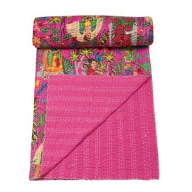 Marubhumi Quilts Indian Handmade, Reversible, Vintage Kantha Quilt, Comforter, Cotton Bedding Bedspread, Dark Pink, Queen - 90 x 108 Inches