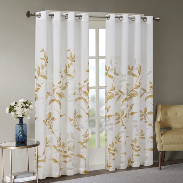 Madison Park Cecily Semi Sheer SINGLE Panel Window Curtain Burnout Botanical Print, Easy To Hang, Fits up to 1.25" Diameter Rod, 50" x 95", Leaves Yellow