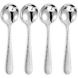 KEAWELL Premium 4-Piece Louise Hammered Spoons Set, 18/10 Stainless Steel, Set of 4, Fine Spoon Set with Round Edge, Dishwasher Safe (7" Soup Spoons)