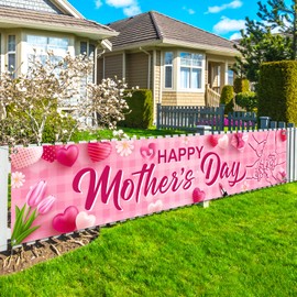 Happy Mother's Day Banner Decorations,Mothers Day Yard Sign Pink Heart Flowers Mother's Day Indoor Outdoor Hanging Banner for Best Mom Ever,Mothers Day Birthday Party Supplies