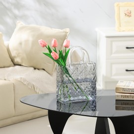 PORPAN Purse Vase, Glass Bag Vase, Glass Purse Vase for Flowers, Black Glass Vase, 12 Inch Large Glass Flower Vase with Embossed Pattern for Wedding, Living Room, Bedroom, Table, Office(Tote)