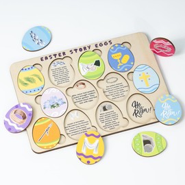 KATINAT Resurrection Easter Story Eggs Puzzle - 12 Wooden Eggs Puzzle with Meaningful Symbols, Christian Easter Gifts for Kids, Easter Basket Stuffers, Discover The Resurrection Story Through Play