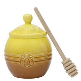 Tomuvpzn Honey Pots Ceramic Honey Pot, Ceramic Honey Pot with Honey Spoon Wood and Lid, Honey Container and Honey Spoon with Spoon and Lid, Honey Pot Food Container (250 ml)