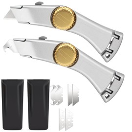 lizenoz 4PCS Silver Retractable Utility Roofing Knife, Heavy Duty Utility Knife for Drywall, Vinyl, Carpet Cutting, Metal Roofing Tools with Portable Storage Sheath, Replacement Blades（Upgraded）