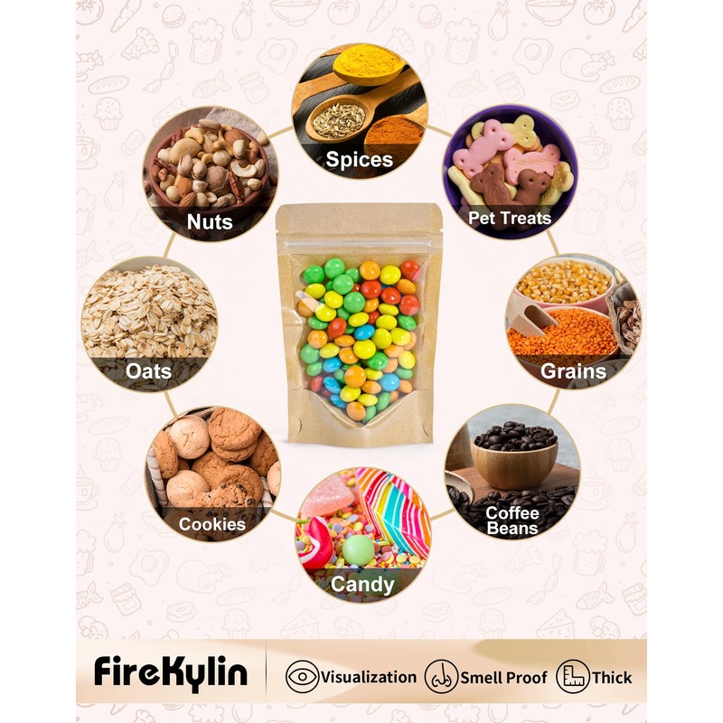 FireKylin 100PCS Stand Up Pouches 3.5"x5.5" Paper Bags With Window