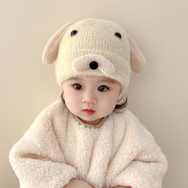 Imported Korean Style Autumn/Winter Baby Plush Hat with Cute Big Bear Ears for Boys and Girls Wool Big Ball - Dark Beige [High Quality] + Average Size 15ea