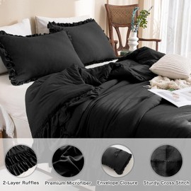 Masaca Black Ruffled Comforter King,Shabby Boho Chic Farmhouse King Bedding Comforter 3 Pieces Vintage Ultra Soft Rustic Bedding for All Season