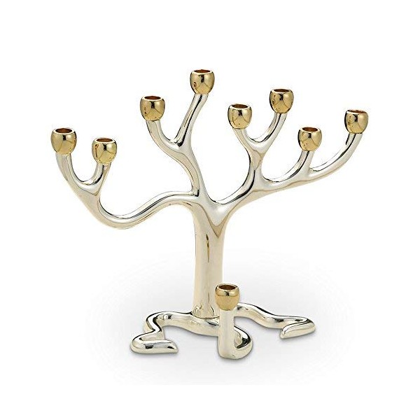 Rite Lite Medium Tree of Life TM Hanukkah Menorah - Silver Plated with Gold 8 Inches Tall Chanukah Menorah