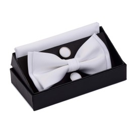 GUSLESON Mens White Bow tie Wedding Pre-tied Solid Bowtie and Pocket Square Cufflink Sets (0577-16)