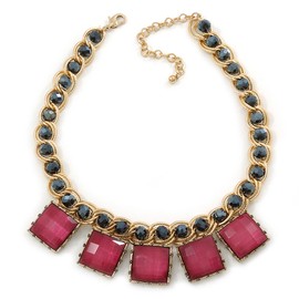 Avalaya Statement Square Raspberry Pink Glass Station, Black Glass Bead With Gold Tone Chunky Chain Necklace - 44cm L/ 9cm Ext