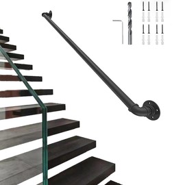 Handrail Wall,Stair Railing Indoor, 3FT Pipe Railing, Metal Staircase Handrail,Black handrails for Indoor & Outdoor Stairs,Grab Bars for Wall,Steps Baluster