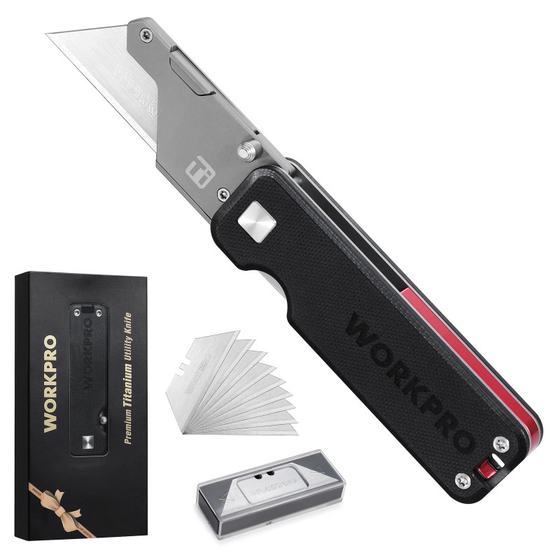 WORKPRO Premium Titanium Utility Knife, CNC Unibody w/10 Extra Blades