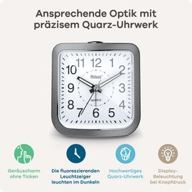 Mebus 56988 Quartz Alarm Clock, Silent Non-Ticking Luminous Hands, Repeat Alarm with Snooze, Dial Illumination at the Touch of a Button, Colour: Grey / Silver