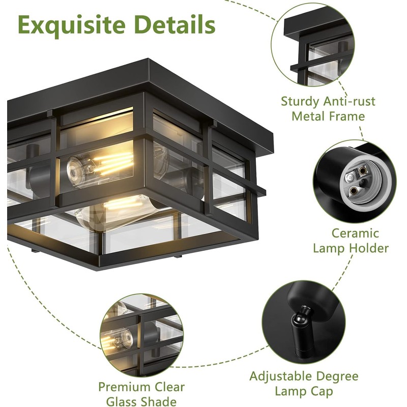 Asnxcju Modern Outdoor Ceiling Light Fixtures, 2-Light Black Flush Mount