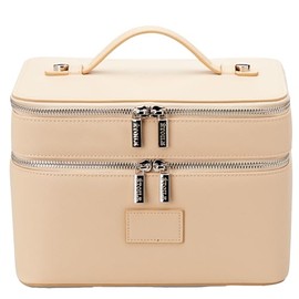 ETOILE - Estuche de tocador dúo, organizador de bolsa de maquillaje de viaje funcional grande con divisor extraíble y espejo, Beige
