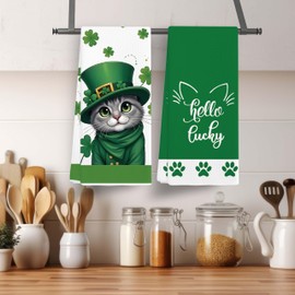 EJGFS ‘Hello Lucky’ Shamrocks & Cat Decorative Towels for Kitchen, Set of 2, 16x24 Hand Towels for Bathroom, Favors for St. Patrick’s Day, Gifts for Family, Friends, Colleagues, etc.(061)