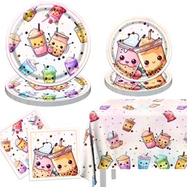 Boba Tea Party Decorations,Bubble Tea Birthday Vajilla Decoración Boba Tea Plate Servilletas Mantel para decoración de fiesta de cumpleaños Boba