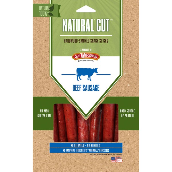 Old Wisconsin Natural Cut Beef Sausage Snack Sticks, Naturally Smoked, Ready to Eat, High Protein, Low Carb, Keto, Gluten Free, No Preservatives or Nitrates, 6 Ounce