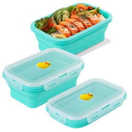 BONE Recipientes de Silicona Plegables con Tapa, Aptos para Congelador y Lavavajillas, Fiambrera Plegable para Camping, Sobras, Aperitivos, Comidas, Azul Claro, Pato Patti, 800ml, 1 Unidad