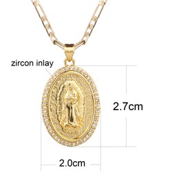 yipima 14K Gold Plated Guadalupe Virgin Mary Oval Pendant Necklace for Women Men Zircon Inlay Virgin Mary 3mm Flat Figaro Chain Necklace