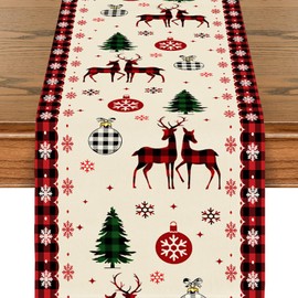 BSITSSS Christmas Elk Table Runner, Snowflake, Funny Christmas Doily, Christmas Table Runner, Red, Christmas Tablecloth Decoration, Indoor, Holiday Party Decor, 33 x 180 cm