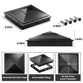 SIEDiNLAR 5x5 Pyramid Post Caps Outdoor Waterproof 5X5 Post Cover, Fits 5x5 4.5x4.5 Wood Vinyl Posts for Fence Deck Mailbox Patio (Black, 12 Pack)