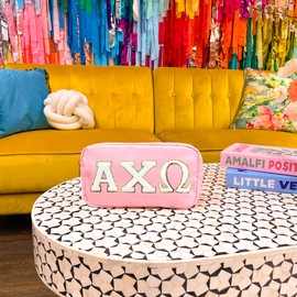 Go Greek Chic Alpha Chi Omega Nylon Makeup Travel Bag, Glitter Greek Letter Patch, Cosmetic Case - Pink - ΑXΩ