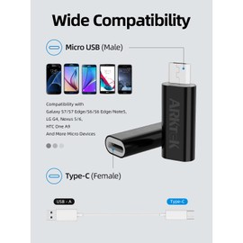 ARKTEK Micro USB to USB C Adapter, Type C Female to MicroUSB Male Converter for OTG Data Sync (Black, Micro USB to Type C)