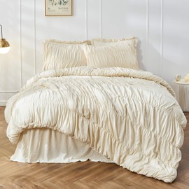 King Size Comforter Set Bedding - Ruched Wheat Comforter King Bed Set Boho Shabby Chic Bedding for Bedroom Comforter Fluffy 3 Piece Ruffle Comforter Set with Pillow White Soft and Luxury