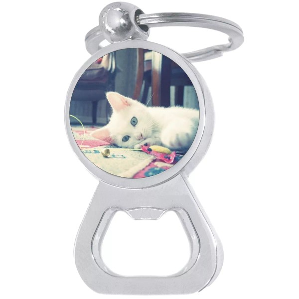 NewCharms White Cat Bottle Opener Keychain - Metal Beer Bar