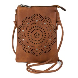 styleBREAKER 02012367 Women's Mini Bag Shoulder Bag with Flowers Laser Cut Cutout Pattern and Rhinestones Shoulder Bag Handbag, Cognac