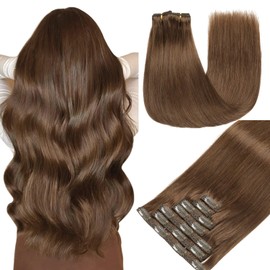 GUDOZO Clip-In Human Hair Extensions, 7 Pieces, 40 cm, 120 g, Invisible Clip Extensions, Human Hair Clip Extensions, Skin Weft Hair Extensions (16 Inches, 4#)