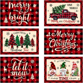 Christmas Placemats Set of 6, Buffalo Plaid Merry Christmas Table Mats Kitchen Mat for Dining Table, Washable Linen Xmas Tree Truck Gnome Dining Place Mat Table Decoration for Holiday Decor, 12 x 18in