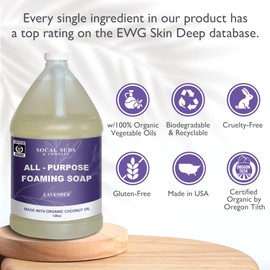 SoCal Suds & Company 128oz Certified Organic Foaming Hand & Body Wash - Natural Wash for Sensitive Skin, Moisturizing All-Purpose Foaming Castile Soap- Lavender