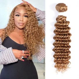 REMY HAIR 100% Human Hair Bundles Deep Wave Honey Blonde Hair Extensions One Bundle 10 Inch Weave Bundles for Women