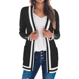 LOMON Cardigan Sweaters for Women Color Block Light Weight Cardigan Open Front 2025 Fashion Black White M
