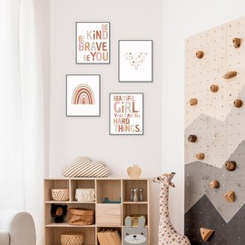 PLKMK Girl Nursery Decor Set of 4, Positive Affirmations Wall Decor, Boho Rainbow Heart Decor for Toddler Girl Little Girl Baby Girl, You Can Do Hard Things, 8x10 (Unframed)