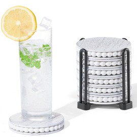 Set of 6 Wooden Coasters for Drinks-Farmhouse Wooden Bead Coasters with Holder for Coffee Table Decor,Round Handmade Cute Coasters Set for Home Decor Beer Bar Coasters Rustic Outdoor Coasters