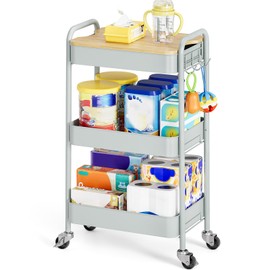 TOOLF 3-Tier Rolling Cart with Table Top, Metal Storage Cart on Wheels, Utility Organizer with Wooden Tray, Lockable Casters, Easy Assembly for Bathroom, Bedroom, Baby Room, Kitchen, Green