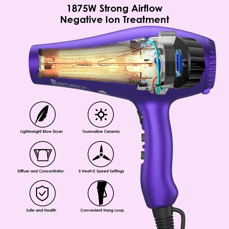 Wazor 3rd Generation Lightweight Low Noise Hair Dryer,(1875W Tourmaline Ceramic