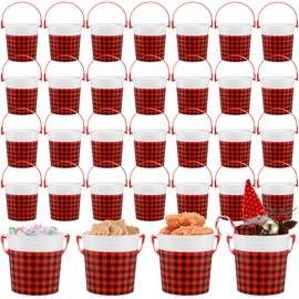 Yiyiring 32 Pcs Christmas Plastic Bucket with Handle 4.69 x 3.78 x 4.8 Inch Treats Storage Pails 32 oz Red and Black Buffalo Plaid Candy Bucket for Xmas Winter Holidays Party Favors